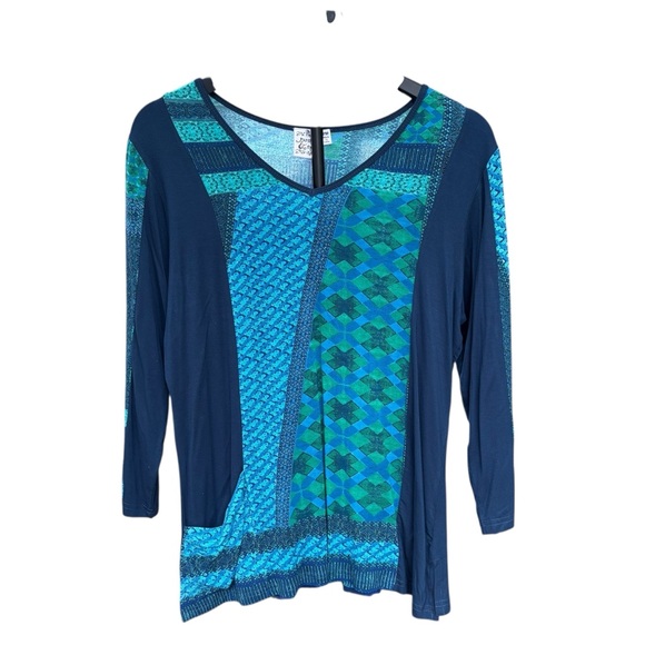 Parsley & Sage Tunic V-Neck Top Women’s M Teal & Navy 3/4 Sleeve Soft - Picture 2 of 6